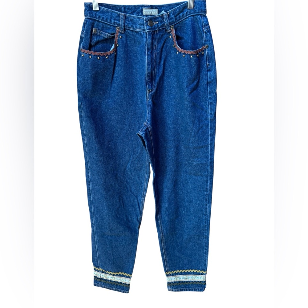 1990s Liz Claiborne Classic High-Waisted Tapered Leg Rick Rack Beaded Trim Jeans